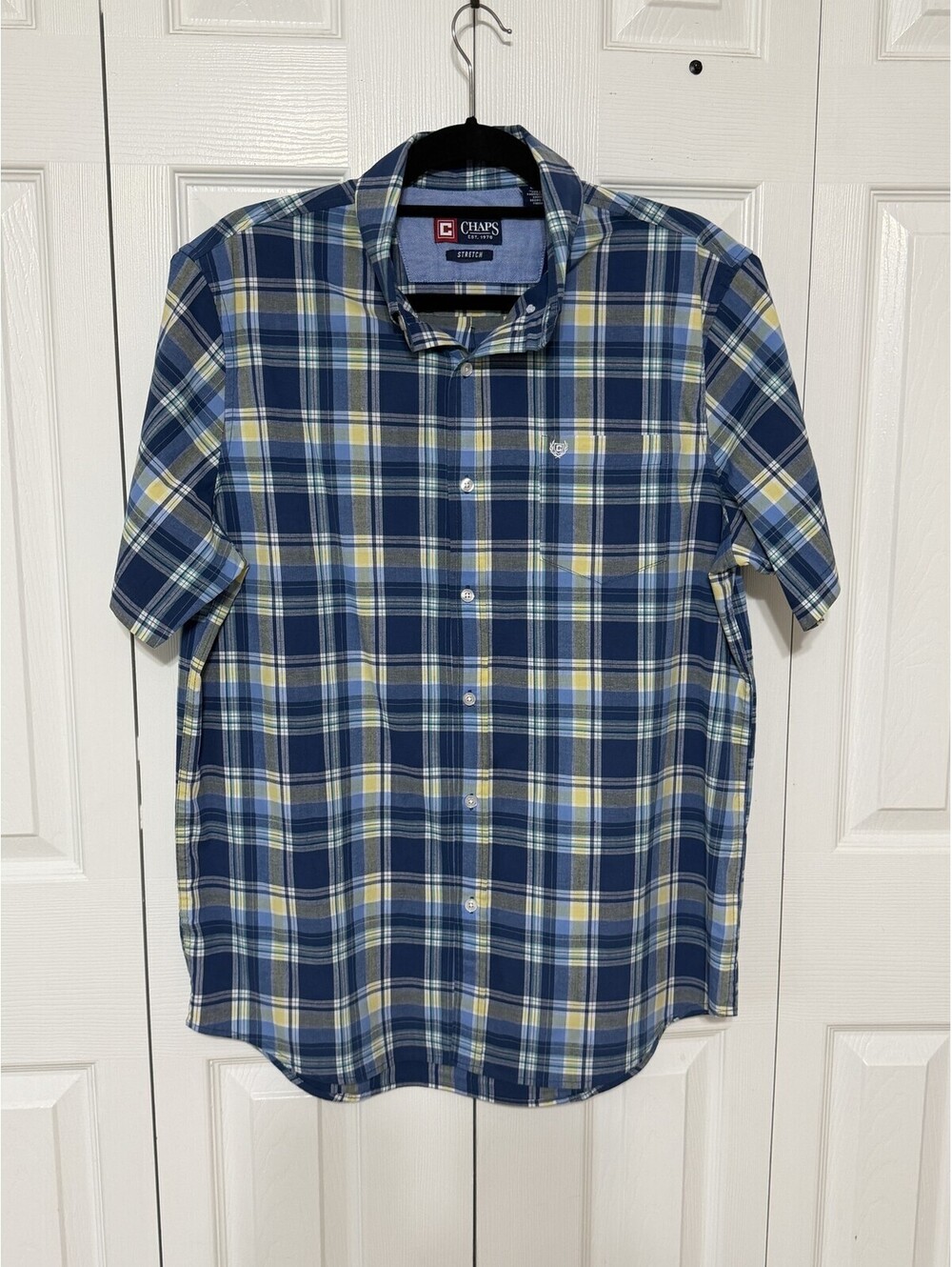 Chaps Shirt Mens L Blue Plaid Short Sleeve Button Up Stretch Casual Woven Cotton